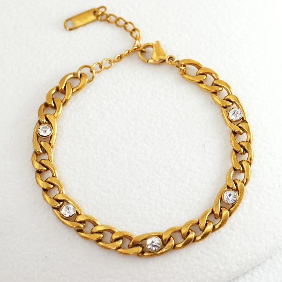 Minimal 18K Gold GP Bezel CZ 6mm Curb Ring Link Mens Womens BANGLE BRACELET GIFT Foto 2 de 4