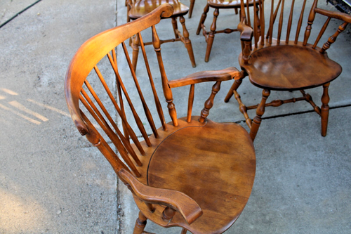 Vintage S. Bent & Bros. Colonial Fiddleback Windsor Chairs Set 6 Captains Maple - Picture 3 of 9
