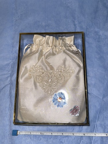 Braut Hochzeit Kordelzug Handtasche Satin mit Applikation cremeweiß New Old Stock - Bild 4 von 6