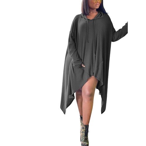 Hooded Women's LOOSE Solid Dress Ladies Casual Long Sleeve Party Midi Dresses - Picture 8 of 16