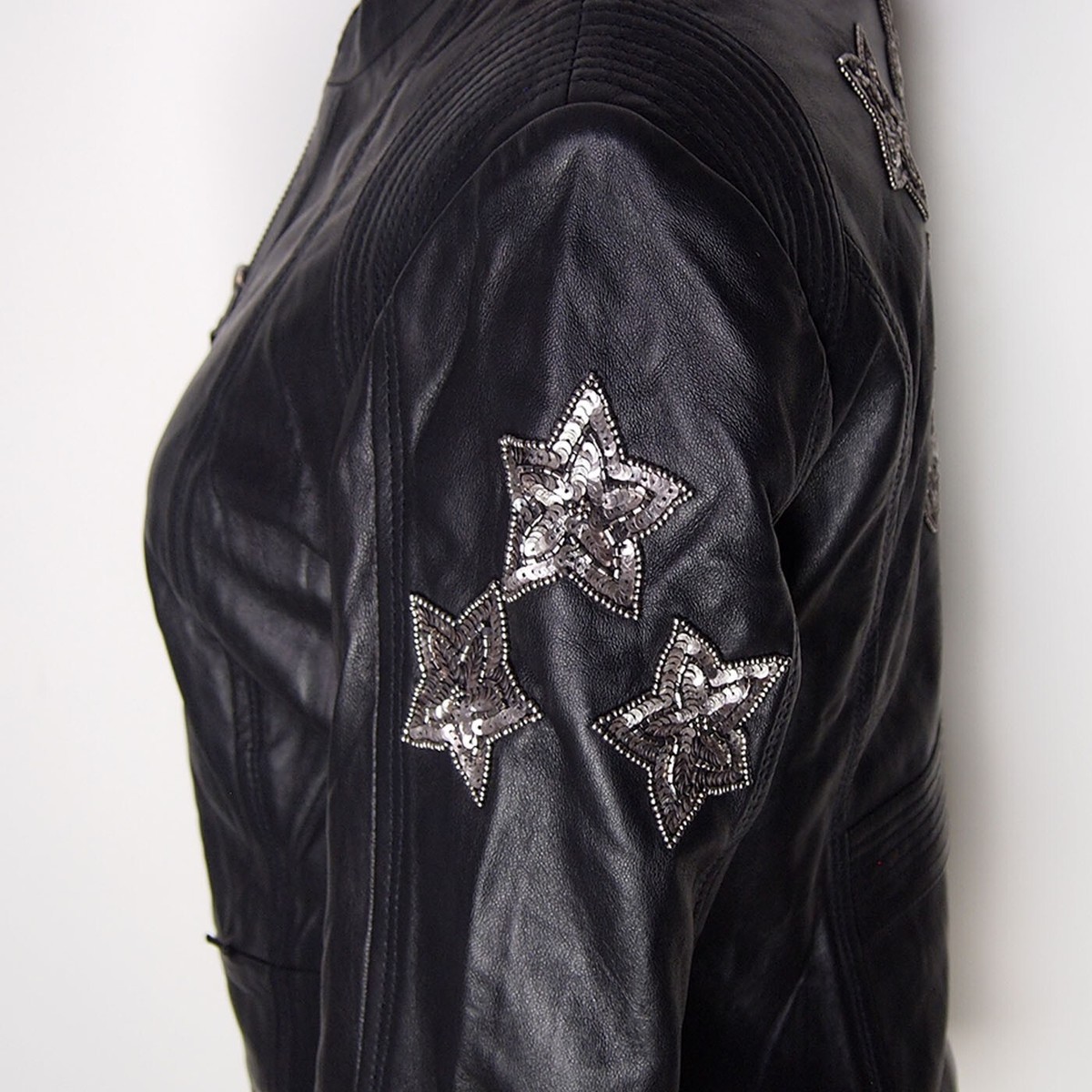 Rick Cardona Leather Bomber Jacket Black Embroidered Stars