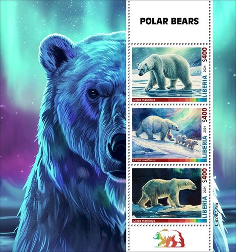 Polar Bears Aurora Borealis Northern Lights MNH Stamps 2024 Liberia M/S + 2 S/S - Picture 2 of 4