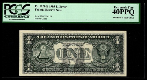 1995 $1 Federal Reserve Note DARK Full Face to Back Offset Error PCGS 40PPQ ACG - Picture 1 of 3