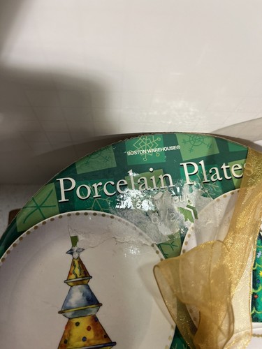 Christmas Tree Holiday Boston Warehouse Dessert 6.5” Porcelain Plates Set 4 Box - Picture 13 of 18
