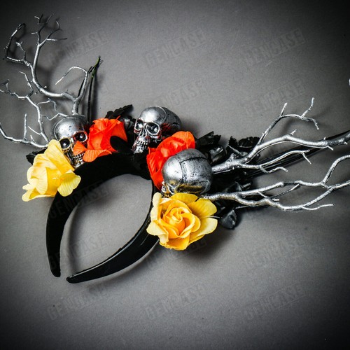 Silver Tree Branches Forest Skull w/ Color Flower Women Headband Halloween Party - Picture 3 of 5