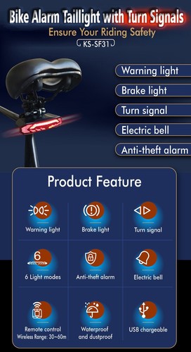 Smart Bike AlarmTailight with Warning light/Brake light/Turn signal/Electric bel - Picture 13 of 23