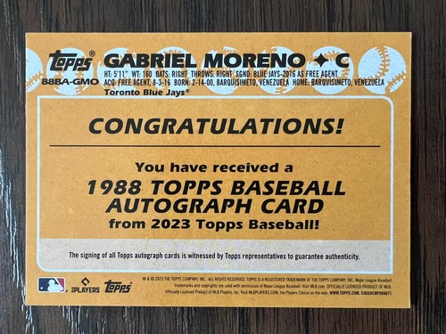 Gabriel Moreno novato Topps serie 2 2023 1988 automático en tarjeta automático - Imagen 2 de 2