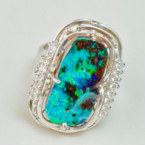 10.31ct Natural Boulder Opal 0.37ct Diamond Ring Pt900 US:6.5-7 UK:M-N 12.4g JP - Picture 19 of 24