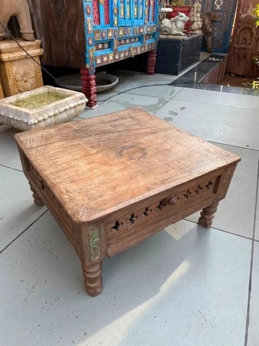 Antique 17" Square Wooden Chowki Handcrafted Low Coffee Table Bajot W/ Drawer - Picture 3 of 21