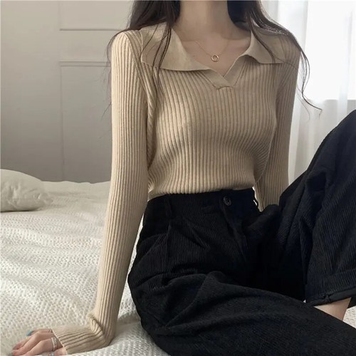 Women Lapel Pullover Sweaters Basic Long Sleeve Knitted Sweater for Woman - Bild 5 von 26