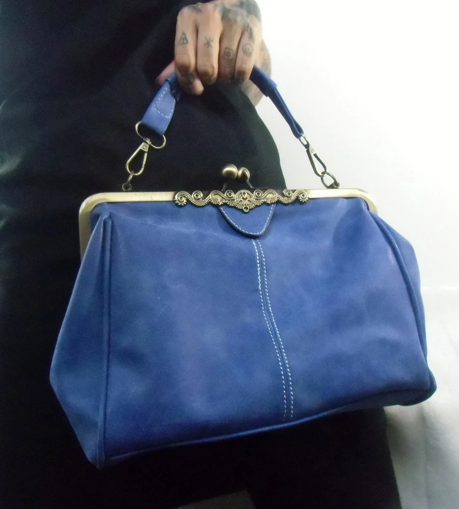 Sac main r tro vintage inspired pinup bleu simili nubuck bleu