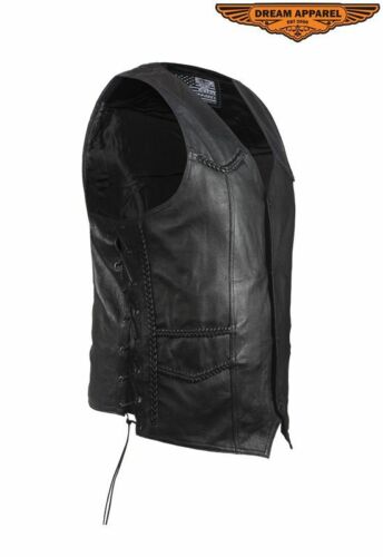 Chaleco de cuero para hombre 4 broches trenzado con cordones laterales varios bolsillos negro - Imagen 6 de 8