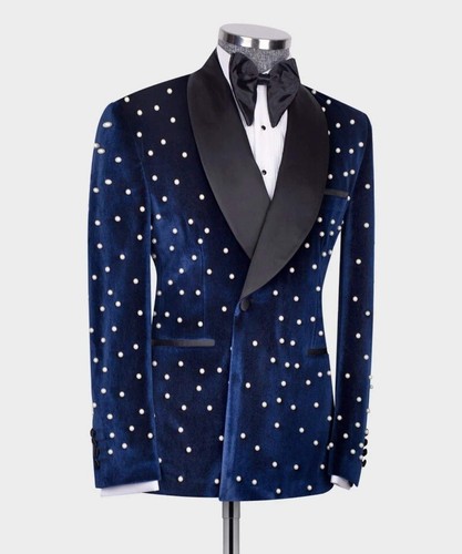 Chaqueta de terciopelo perlas pantalón negro para novio boda trajes de un solo pecho calce ajustado - Imagen 2 de 22