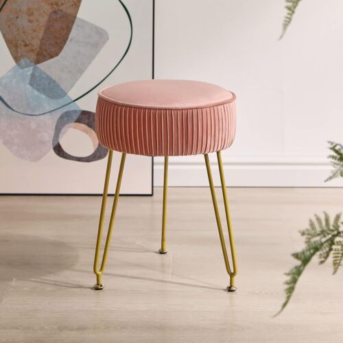 Velvet Round Footrest Stool Ottoman, Makeup Vanity Stool Side Table, Pink - Picture 4 of 11
