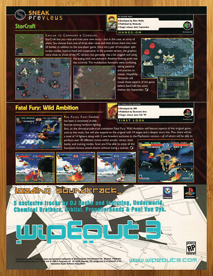 1999 Wipeout 3 PS1 Vintage Print Ad/Poster Starcraft/Fatal Fury Review Promo Art