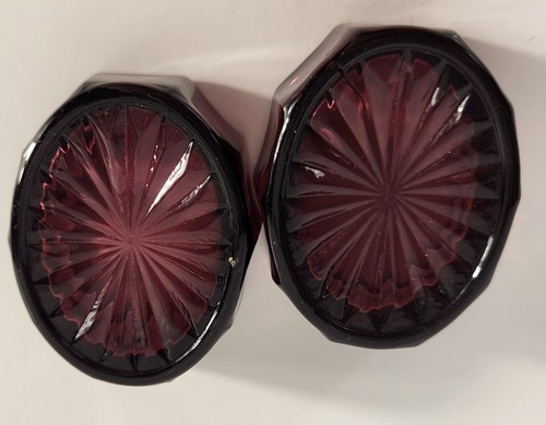 Pair of Mosser Salt Cellars Open Salt Amethyst Glass 2 Inch Oval 10 Sides - Picture 3 of 5