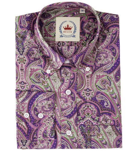 Relco Mens Paisley Long Sleeve Shirt Button Down Collar Navy Blue Purple - Picture 10 of 10