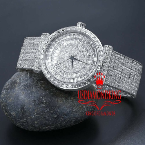  Baguette simulierter Diamant 18K Weißgold Finish 10 Reihen individuelles Band Herrenuhr - Bild 3 von 7