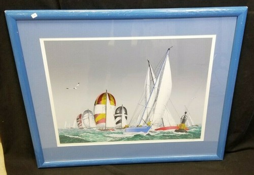 Vtg Original Fine Art Print "Rounding the Mark" Signed Pete Peterson Circa:1984