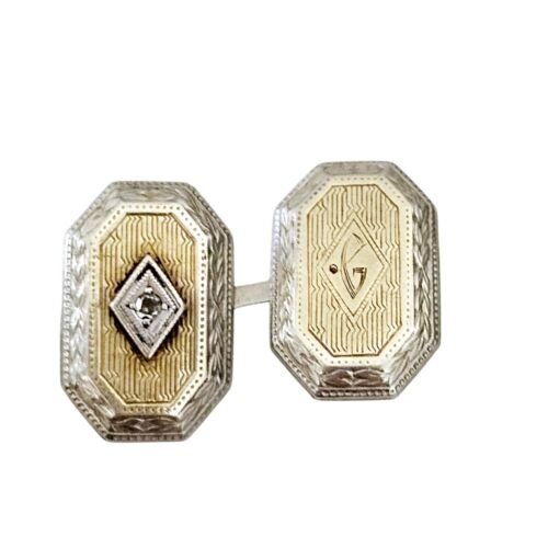 Gemelli Vintage Art Deco Oro Bianco Giallo 10K Diamanti Incisi Marca Omega - Foto 5 di 14
