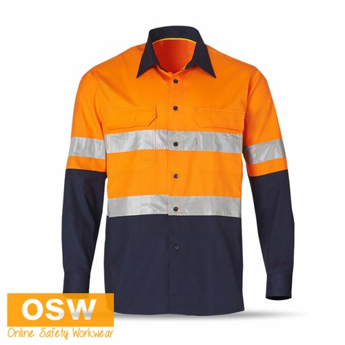 3 X HI VIS COTTON RIPSTOP VENTED PERFORATED TAPE LONG SLEEVE SAFETY WORK SHIRT - Picture 6 of 7