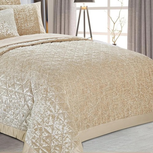 3 Pcs Quilted Bedspread Crushed Velvet Bedspread Bed Throw Set Double King Sizes - Picture 24 of 26