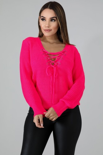 Neonorange rosa grün Acryl hell gestrickte Schnürkrawatte Langarmpullover S M L - Bild 10 von 15