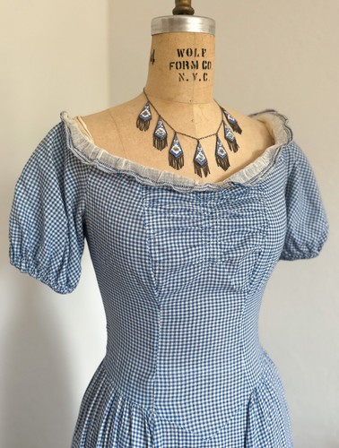 Vintage 1930s Cotton Dress Floor Length Gingham Check Blue White Puffed Sleeves - Picture 4 of 8