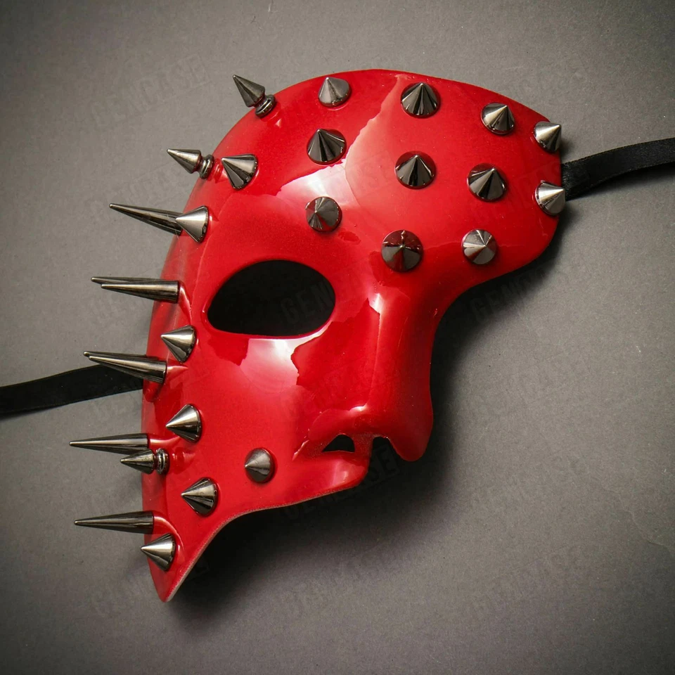 Masquerade Mask Steampunk Red Phantom Half Face Metal Spikes Halloween Costume - Image 2 of 3