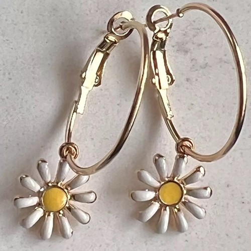 Gold Lever Back Hoops & Flower Dangle Earrings. Daisy. Bloom - Picture 2 of 2