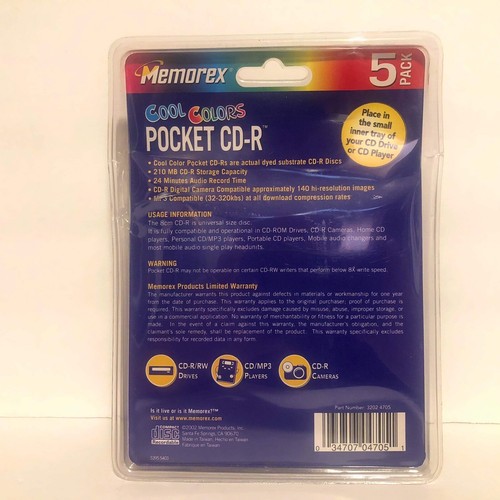 Memorex Cool Colors Pocket CD-R 210 MB 24 Minutes 24X 5-Pk New Sealed Condition - Picture 12 of 24