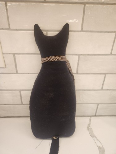 Primitive Rustic Black Stuffed Cat W/Star & Button Eyes Bow With Rusty Bell 15" - Picture 4 of 9