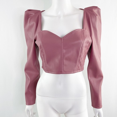 Zara Pink Faux Leather MARSALA Size M Top Puff Sleeve Crop Blogger Favorite NEW - Picture 3 of 12