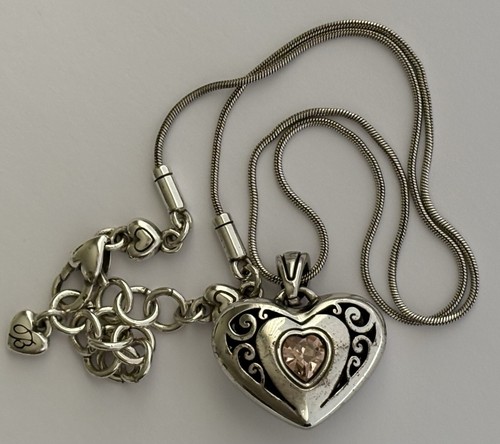 BRIGHTON Heart Crystal Pendant Snake Chain 18in Necklace REVERSIBLE Pink Clear - Picture 14 of 17