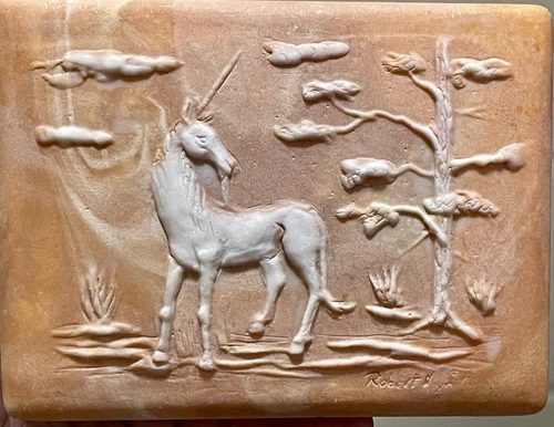 Vintage Robert Nemith Signed Unicorn Lidded Rust Colored Soapstone Trinket Box