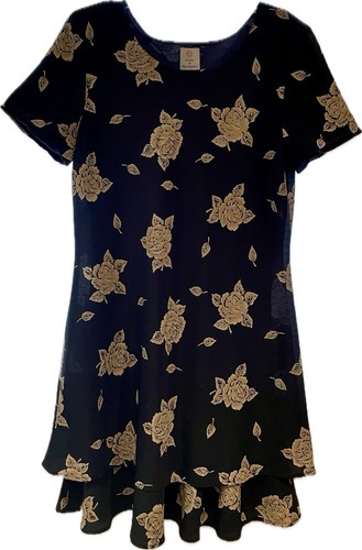 A Studio by Pat Argenti Black Brown Rose Leaf Floral Dress Vintage Short Sleeve