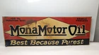 1920s OLD VINTAGE MONA MOTOR OIL Tin Embossed GAS SIGN BEST BECAUSE PUREST RARE