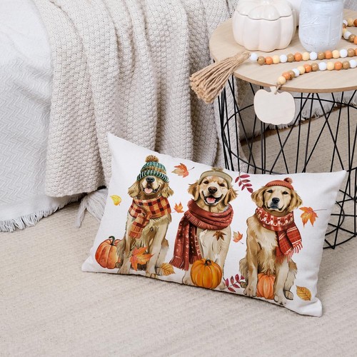 AACORS Fall Pillow Cover 12x20 Inch Dogs Pumpkins Maple Leaves Decor Autumn S... - Picture 4 of 7