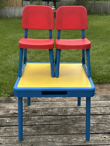 Vintage 1990’s Fisher Price Kids Play Craft Table Yellow/Blue & 2 Red Chairs - Picture 24 of 24