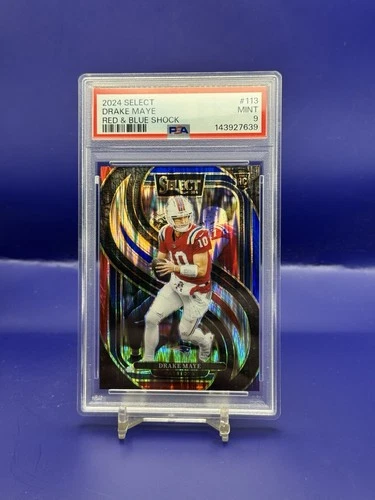 2024 Panini Select Premier Level Drake Maye 113 Red & Blue Shock Prizm RC PSA 9