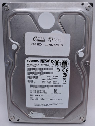 Toshiba MK2002TSKB 2TB 7200 RPM 64MB Cache 3.5" SATA II Hard Drive HDD3B03CZK51 - Afbeelding 3 van 8