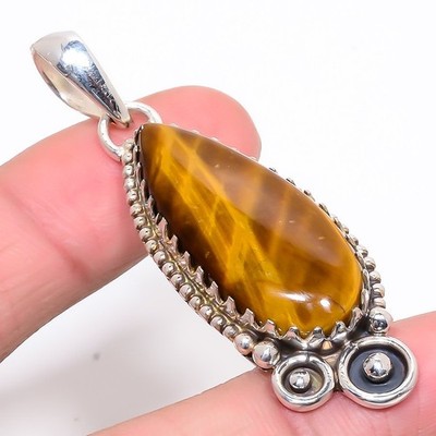 Thai Tiger'S Eye Oxidize Gemstone 925 Sterling Silver Pendant 2.44'' T62