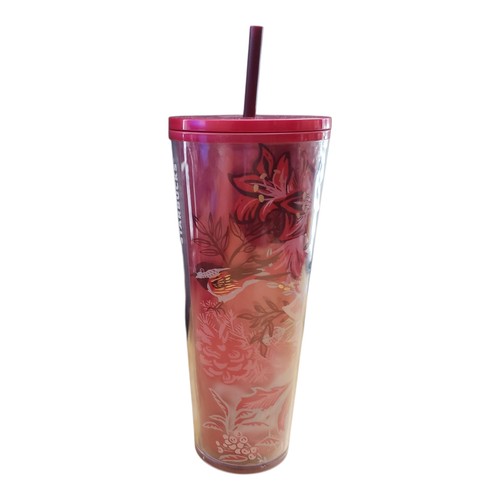 Starbucks Tumbler Holiday Poinsettia Enchanted Forest Pearl 24oz Venti Cold Cup - Picture 3 of 5
