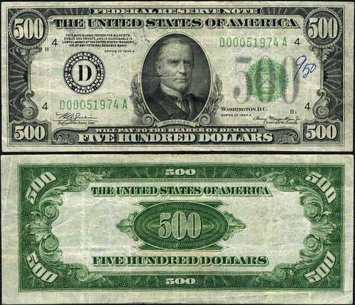 fr. 2202 D 500 $ 1934-A Federal Reserve Schein Cleveland D-A Block Sehr schön