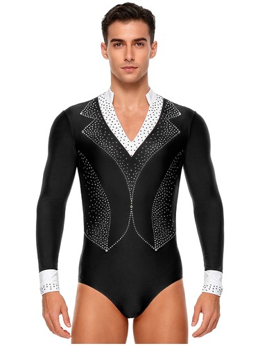 Mens Bodysuit Figure Skating Jumpsuit Ballet Leotard Long Sleeve Ballroom Jazz - Picture 27 of 54