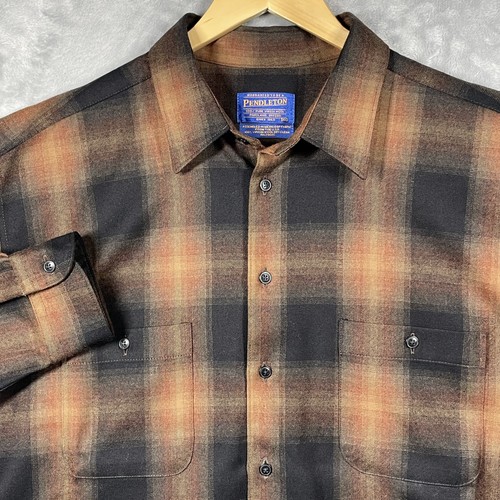 Pendleton Shirt Mens XL Brown Black Plaid 100% Wool Long Sleeve Flannel Outdoors