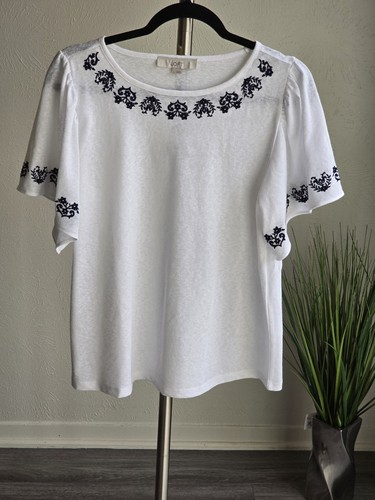 NWT Loft Women's White Black Embroidered Flutter Sleeve Semi Sheer Blouse. Sz L - Picture 16 of 17
