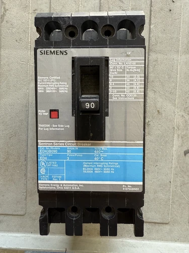 Siemens ED43B090 90A Sentron Circuit Breaker Type ED4 480 VAC 3 Pole ITE 90 Amp