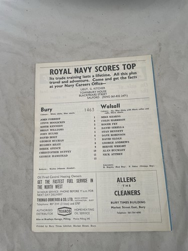 Bury Vs Walsall Saturday 30th November 1974 Programme - Picture 2 of 2