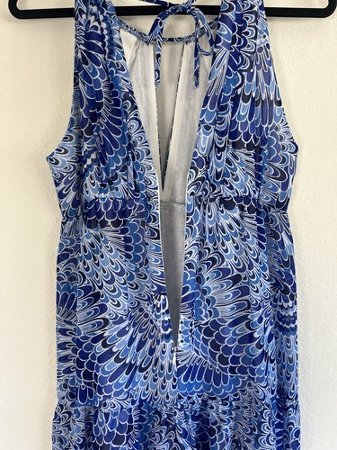 BOSTON PROPER Size 10 Boho Summer Peasant Tiered Maxi Dress Blue Feather Print - Picture 11 of 13